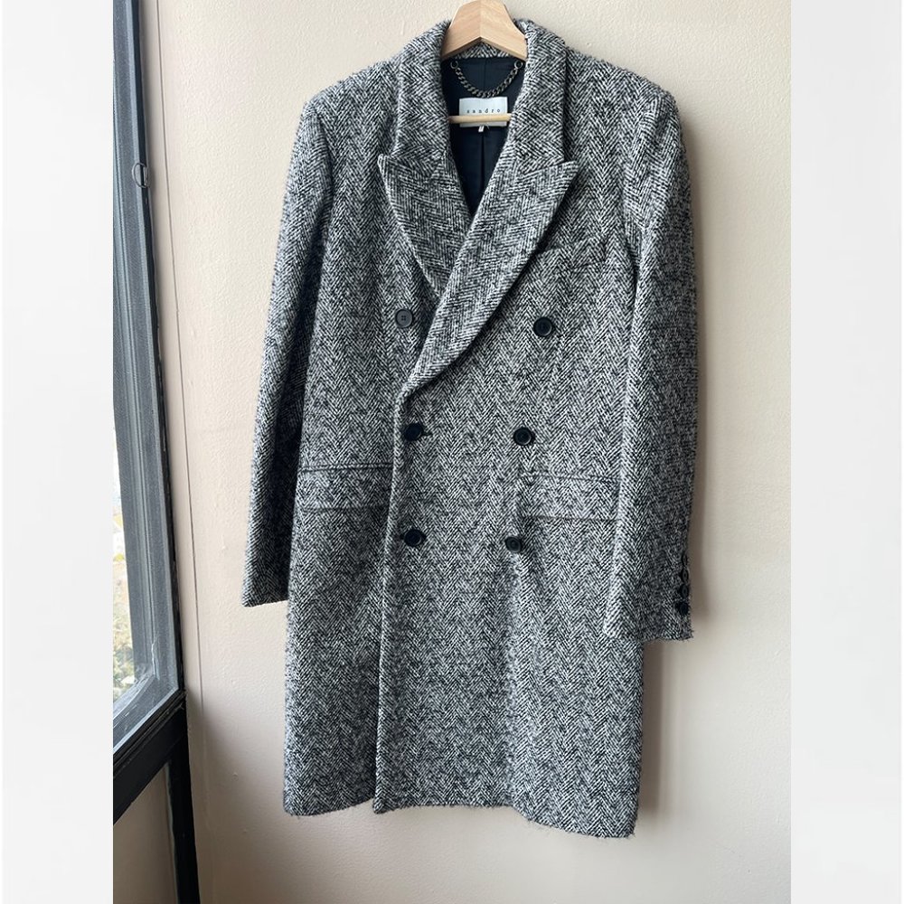 SANDRO MENS HERRINGBONE COAT_Verlaine Tweed Double Breasted Overcoat_M